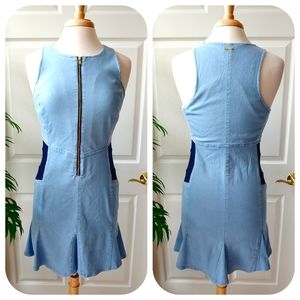 GUESS Halter Denim Sleeveless Flounce Hem Zipper Fitted Sheath Dress Blue Medium